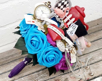 Alice in Wonderland inspired ornate handle brooch  bouquet, alternative bouquet, whimsical bouquet, made to order 20 weeks, Any colour