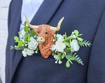 x1 Boutonnière de bolsillo Highland Cow, alternativa al ojal, Accesorios para bodas campestres, Solapa del novio,