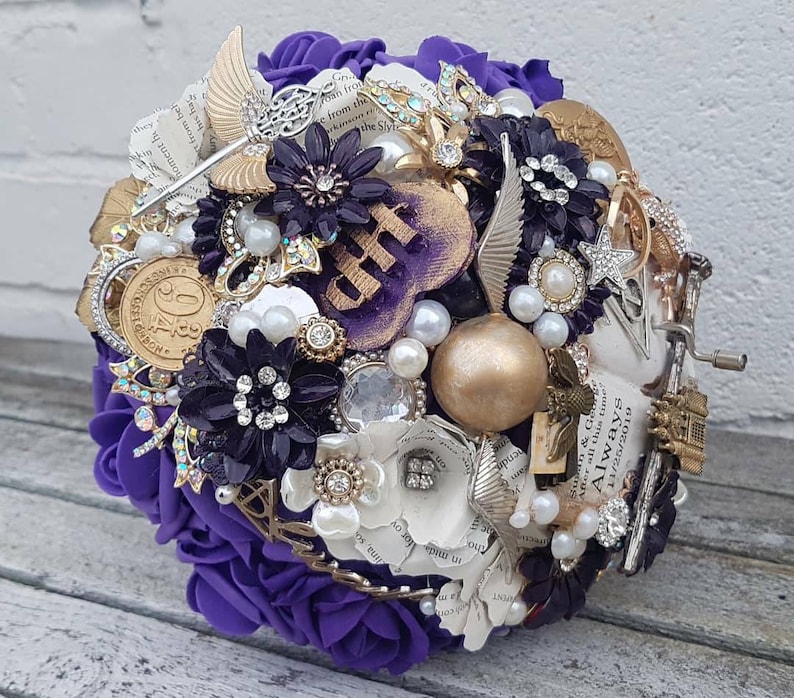 Musical wizard inspired Magical bouquet, with hand crank music any colour, alternative, brooch bouquet, whimsical made to order 20 weeks image 1