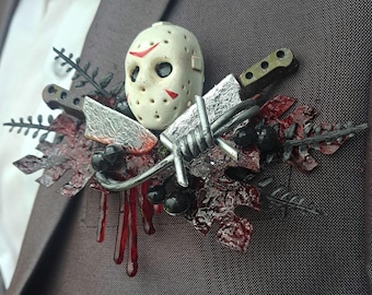 Pañuelo de bolsillo con forma de máscara de película de terror, boutonniere de flor artificial