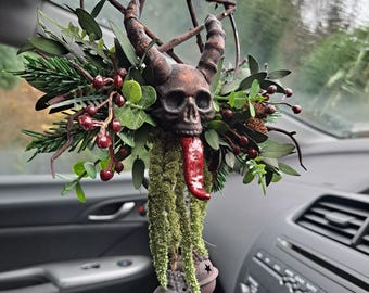 1 mini corona floral de calavera Krampus, decoración navideña gótica espeluznante para colgar