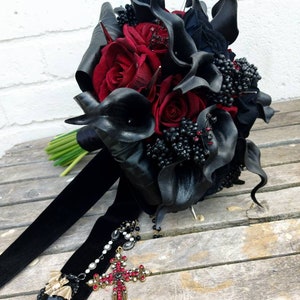 Gothic Vampire Dracula Wedding Black & Red Velvet Rose and Calla lily alternative wedding bouquet with spikes Custom made to order 20 weeks image 2