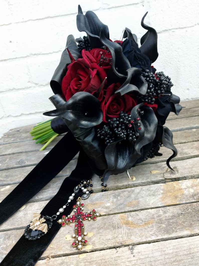 Gothic Vampire Dracula Wedding Black & Red Velvet Rose and Calla lily alternative wedding bouquet with spikes Custom made to order 20 weeks image 2