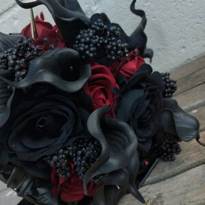 Gothic Vampire Dracula Wedding Black & Red Velvet Rose and Calla lily alternative wedding bouquet with spikes Custom made to order 20 weeks image 5