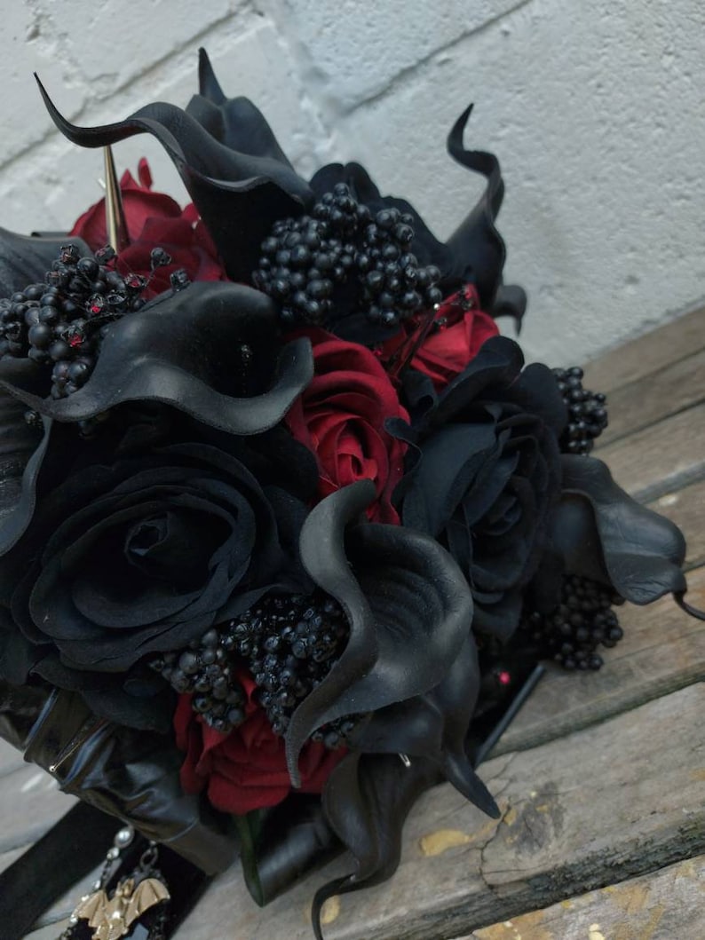 Gothic Vampire Dracula Wedding Black & Red Velvet Rose and Calla lily alternative wedding bouquet with spikes Custom made to order 20 weeks image 5