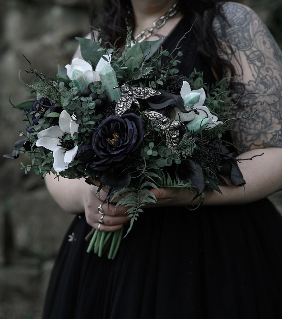 Gothic Amazonite Crystal Wedding Bouquet, Black Rose, Foliage \u0026 Moth - Etsy, image size:1080x1221
