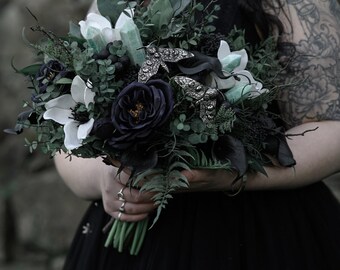 Gothic Black Green Amazonite crystal Moth Alternative Wedding woodland fae bouquet,dark and moody florals Made to order 20 weeks ANY COLOUR
