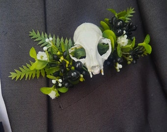x1 floral faux cat skull pocket square boutonnière, buttonhole alternative viking wedding prom corsage custom made to order any colour
