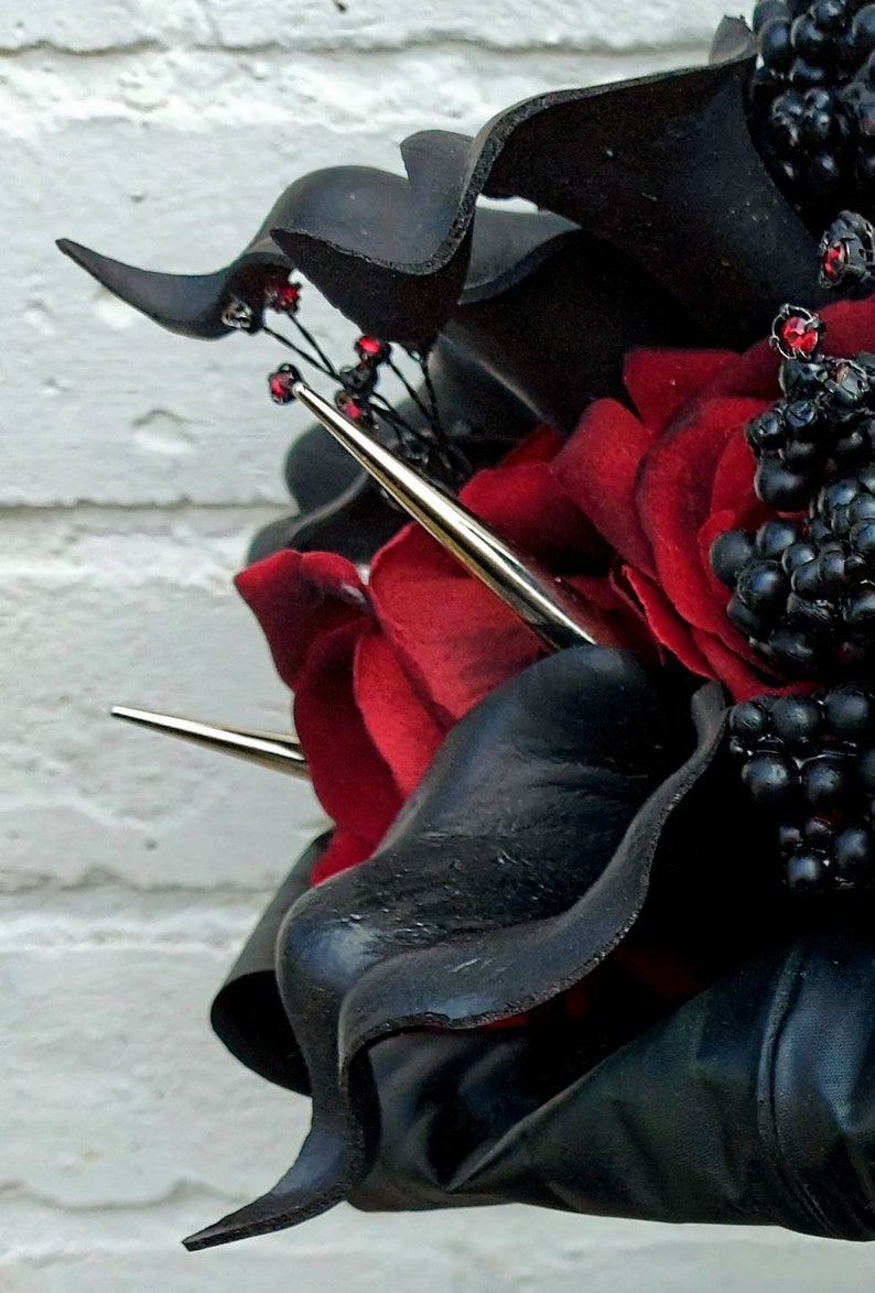 Gothic Vampire Dracula Wedding Black & Red Velvet Rose and Calla lily alternative wedding bouquet with spikes Custom made to order 20 weeks image 4