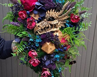 Ramo floral en cascada de imitación de calavera de dragón de fantasía X1, dados D20, flores de boda, LARP gótico