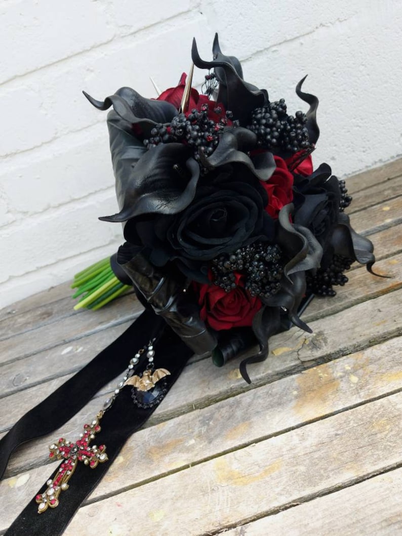 Gothic Vampire Dracula Wedding Black & Red Velvet Rose and Calla lily alternative wedding bouquet with spikes Custom made to order 20 weeks image 7