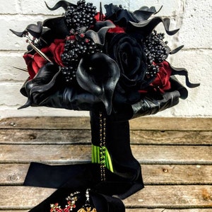 Gothic Vampire Dracula Wedding Black & Red Velvet Rose and Calla lily alternative wedding bouquet with spikes Custom made to order 20 weeks image 1