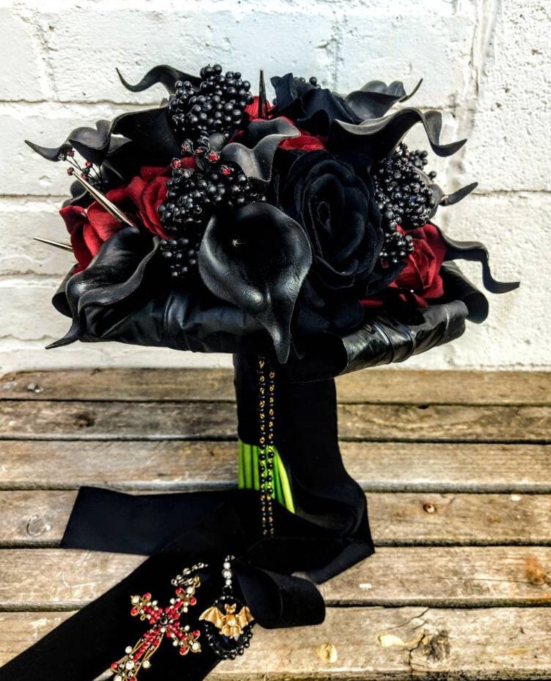 Gothic Vampire Dracula Wedding Black & Red Velvet Rose and Calla lily alternative wedding bouquet with spikes Custom made to order 20 weeks image 1