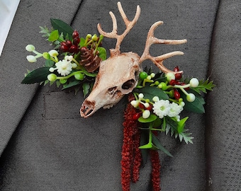 Faux Deer Skull Floral Pocket Square Boutonniere, Woodland Wedding Corsage