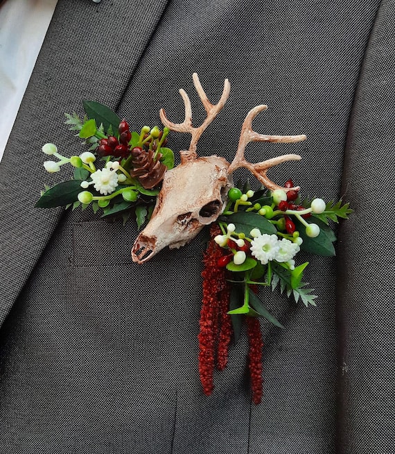 Faux Deer Skull Floral Pocket Square Boutonniere, Woodland Wedding Corsage