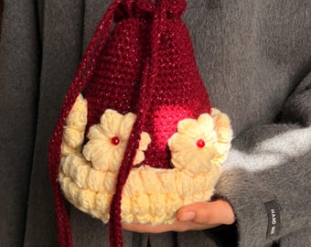 Bolsita de ganchillo burdeos brillante con cordón, bolsa tipo cesta de flores Fairycore, bolsita para dados con brillo Coquette Aesthetic, bolsa de regalo vintage Cottagecore