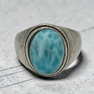 Larimar Mens Signet Ring, Thai Sterling Silver Heavy Wide Band, Dominican Blue Pectolite Statement Size 10.5