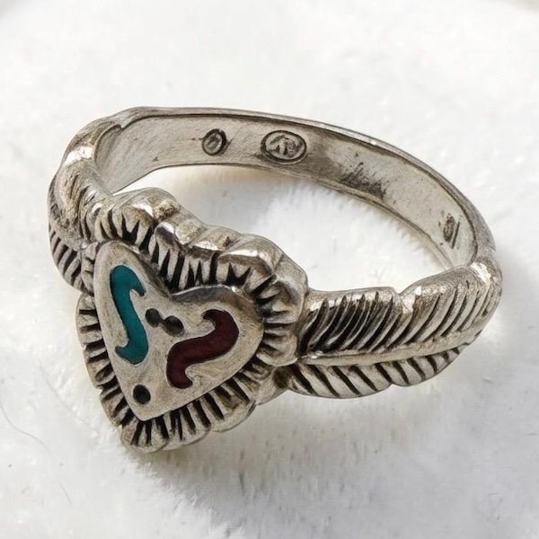 Turquoise Heart Chip-Inlay Ring, Native American Style Sterling Silver, Estate Southwestern Jewelry, Gift for Her