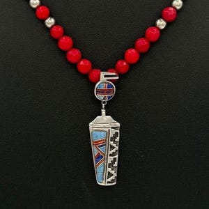 Vintage Southwest Mosaic Inlay Pendant Necklace, Coral Turquoise Lapis Spiny Oyster Sterling, 22 Inch