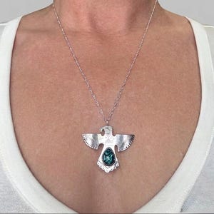 Thunderbird Abalone Pendant Necklace | Sterling Silver Stamped Bird RT Hallmark | Southwestern Teardrop 22"