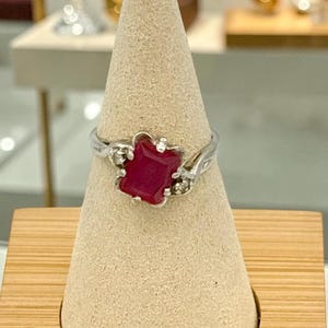 10K White Gold Emerald Cut Lab Ruby Cocktail Ring with Diamond Accents, Size 7, Vintage Mid Century, July Birthstone