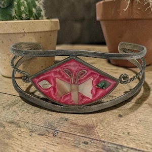 Vintage Mexican Alpaca Silver Butterfly Cuff, Pink Enamel Mother of Pearl Inlay Bracelet
