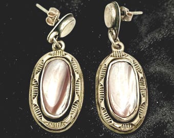 Taxco 950 Silver Rosa Pärlemor Örhängen, Stora Geometriska Örhängen, Vintage Mexikanska Herresmycken