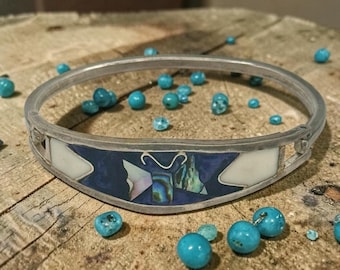 Vintage Mexican Alpaca Bangle, Abalone Butterfly Inlay, Blue Enamel, Mother of Pearl, Hinged