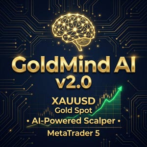 Puede incluir: Gráfico digital con el texto "GoldMind AI v2.0" en letras doradas. Un gráfico de cerebro brillante está encima del texto. Debajo, el texto dice "XAUUSD Gold Spot - AI-Powered Scalper - MetaTrader 5" con un gráfico verde ascendente.
