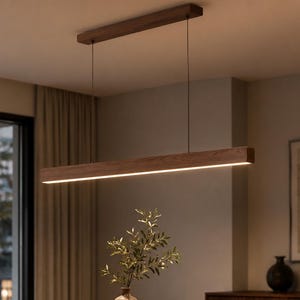 Modern Wood Linear LED Pendant Light, Dining Room Chandelier, Adjustable Kitchen Island Bar Lamp, Nordic Hanging Light Fixture Home Ceiling