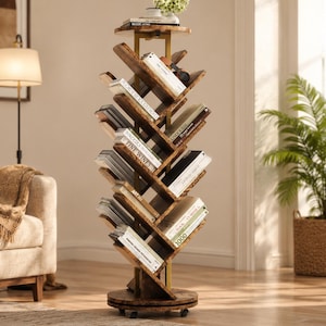 8 Tier Rotating Tree Bookshelf on Wheels, Wooden Floor Bookcase, Space Saving Book Storage Shelf for Living Room Office