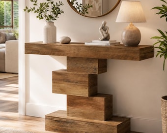 Rustic Farmhouse Console Table, Narrow Sofa Table Behind Couch, Geometric Wood Entryway Table, Modern Hallway Accent Living Room Decor