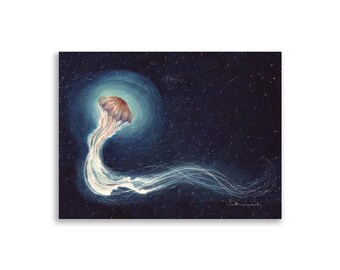 Glowing Jellyfish Watercolor Print | Celestial Ocean Wall Art | Indigo Sea Decor | Dreamy Marine Illustration