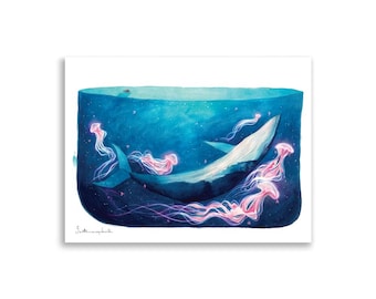 Jellyfish Ocean Watercolor Print | Dreamy Whale & Mermaid Wall Art | Celestial Coastal Decor | Fantasy Sea Illustration