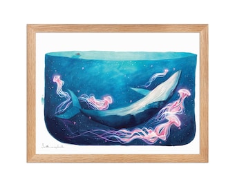 Jellyfish Ocean Watercolor Print | Dreamy Whale & Mermaid Wall Art | Celestial Coastal Decor | Fantasy Sea Illustration