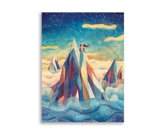 MAGIC MOUNTAIN Romantic Mountain Sunset Print, Dreamy Celestial Landscape Wall Art, Whimsical Couple Nature Illustration Nursery