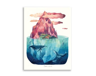 Pink Mountain Whale Watercolor Print | Dreamy Coastal Wall Art | Celestial Ocean Decor | Boho Landscape Poster