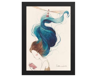 BOOK (Framed )Dreamy Girl Reading Watercolor Print | Magical Lighthouse Light Art | Whimsical Wall Decor | Nursery & Fantasy Illustration