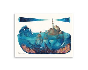 Ocean Wave Watercolor Print | Whale & Lighthouse Wall Art | Celestial Coastal Decor | Dreamy Mermaid Illustration
