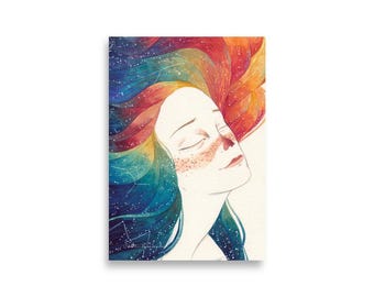 Sunset Mermaid Watercolor Print | Celestial Woman Wall Art | Starry Night Hair Illustration | Dreamy Boho Coastal Decor