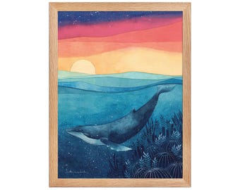 Whale Sunset Watercolor Print | Celestial Ocean Wall Art | Dreamy Coastal Decor | Colorful Marine Illustration