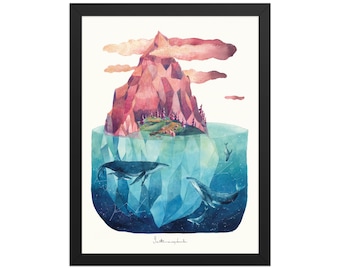 Pink Mountain Whale Watercolor Print | Dreamy Coastal Wall Art | Celestial Ocean Decor | Boho Landscape Poster