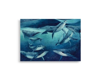 WHALES Watercolor Print | Blue Celestial Ocean Wall Art | Dreamy Marine Illustration | Minimalist Coastal Decor | Whimsical Whale Poster