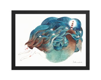 DREAMY MERMAID Watercolor Print | Lighthouse & Paper Boats Wall Art | Ocean Decor | Whimsical Coastal Illustration | Fantasy Art Poster
