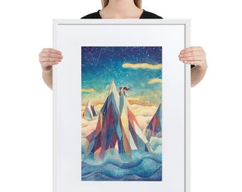 MAGIC MOUNTAIN (Framed + passepartout) Mountain Sunset Print, Dreamy Landscape Wall Art, Whimsical Nature Illustration Nursery