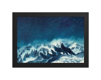 Indigo Wolf Watercolor Print | Mystical Forest Wall Art | Celestial Night Decor | Dreamy Woodland Illustration