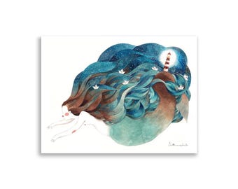 DREAMY MERMAID Watercolor Print | Lighthouse & Paper Boats Wall Art | Ocean Decor | Whimsical Coastal Illustration | Fantasy Art Poster