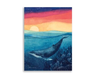 Whale Sunset Watercolor Print | Celestial Ocean Wall Art | Dreamy Coastal Decor | Colorful Marine Illustration