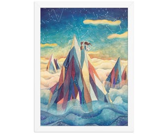 MAGIC MOUNTAIN (Framed) Romantic Mountain Sunset Print, Dreamy Celestial Landscape Wall Art, Whimsical Couple Nature Illustration Nursery