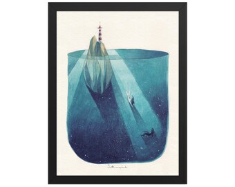 LIGHT SOULS (Framed) Watercolor Print | Minimalist Wall Art | Dreamy Spiritual Decor | Whimsical Blue Illustration | Modern Art Poster